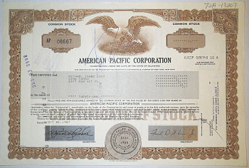 США, AMERICAN PACIFIC CORPORATION 21 акция 1987 бумага 00-00
