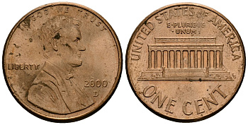 США 1 цент 2000 D, Линкольн KM 201b цинк плакированный медью 4136-364