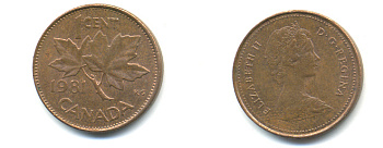 Канада 1 цент 1981 Елизавета II (1952-2022), кленовый лист KM 127 бронза 177-1361