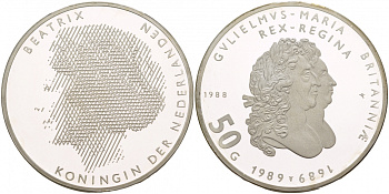 Нидерланды 50 гульденов 1988 300 лет с момента правления Вильяма и Мэри (1689-1989), Королева Беатрикс KM 212 серебро PROOF 00-00