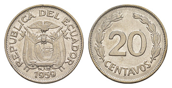 Эквадор 20 сентаво 1959 KM 77.1c сталь плакированная никелем 4640-1226