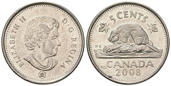 Канада 5 центов 2008 Leaf, Елизавета II (1952-2022), бобер KM 491 сталь плакированный никелем UNC 4382-936