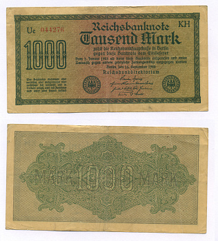 ГЕРМАНИЯ 1000 МАРОК 1922 15 СЕНТЯБРЯ 1922, ВОДЯНОЙ ЗНАК I, ЖЕЛТАЯ БУМАГА, СЕРИЯ KH Pick 76b, Rosenberg 75d бумага 7205-15-2