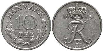ДАНИЯ 10 ЭРЕ 1965 C; S, ФРЕДЕРИК IX (1947-1972) KM 841.3 медно-никель 116-223