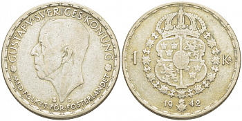 Швеция 1 крона 1942 G, Густав V (1907-1950) KM 814 серебро 175-1114