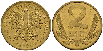 Польша 2 злотых 1980 MW KM 80.1, Parchimowicz 217g латунь  XF-UNC  4598-1236