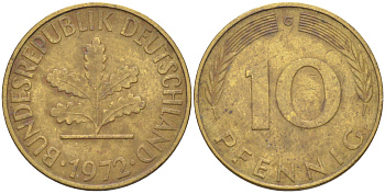 ФРГ 10 пфеннигов 1972 G KM 108, J. 383 сталь плакированная латунью 56-827