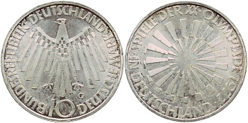 ФРГ 10 МАРОК 1972 G, ОЛИМПИАДА, СПИРАЛЬ J 401b, KM 134.1 серебро aUNC 1522-335