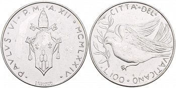 Ватикан 100 лир 1976 MCMLXXVI, Павел VI KM 122 нержавеющая сталь  UNC   4545-246