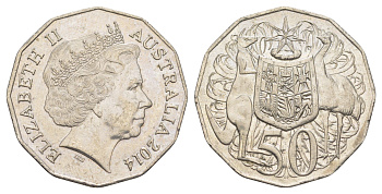 Австралия 50 центов 2014 Елизавета II (1952-2022), герб Австралии, кенгуру KM 404 медно-никель UNC 4381-1032