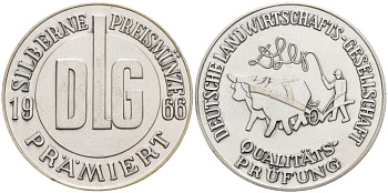 Германия медаль 1966 аудиторское общество по качеству, премирует серебряной медалью DLG, диаметр 41 мм.  белый металл    11-271-11