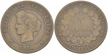 ФРАНЦИЯ 5 САНТИМОВ 1889 А, ТРЕТЬЯ РЕСПУБЛИКА (1871-1940) KM 821.1, LE FRANC 118.32 бронза 77-422