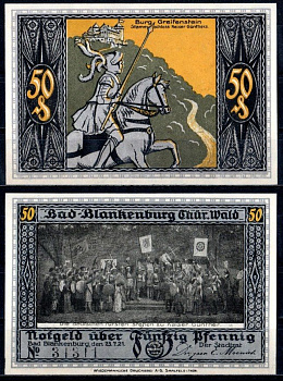 Бад-Бланкенбург (Тюрингия) 50 пфеннигов 1921 Mehl Grabowski 113.1-2/5 бумага UNC (пресс) 7556-56-2-2