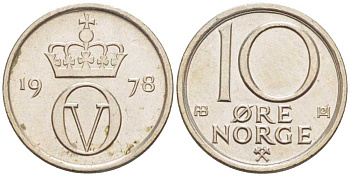 Норвегия 10 эре 1978 Улаф V (1957-1991) KM 416 медно-никель 3309-723