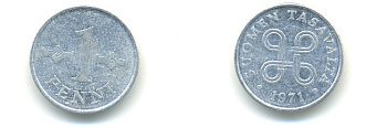 Финляндия 1 пенни 1971 KM 44а алюминий 80-838