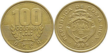 КОСТА-РИКА 100 КОЛОН 1995 B.C.C.R., ГОД ТИП KM 230 сталь плакированная латунью 63-623