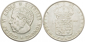 Швеция 1 крона 1957 TS, Густав VI Адольф (1950-1973) KM 826 серебро 175-1125