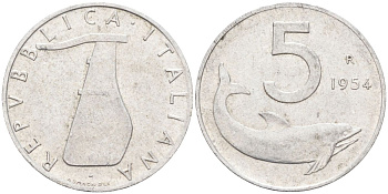 Италия 5 лир 1954 R, плуг, дельфин KM 92 алюминий 4549-328