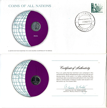 Бразилия 1 сентаво 1969 конверт с маркой первого дня гашения, Coins of Nations KM 575.2 нержавеющая сталь UNC 4294-67-1