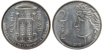 Аргентина 2 песо 2010 75 лет Центральному Банку KM 162 медно-никель UNC 4394-1223