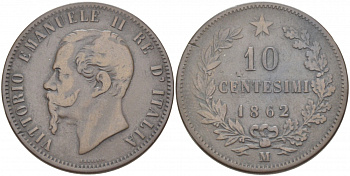 ИТАЛИЯ 10 ЧЕНТЕЗИМО 1862 M KM 11.1 медь 51-4243