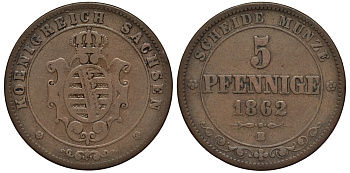 Саксония 5 пфеннигов 1862 B, Йоханн (1854-1873) KM 1218 медь    413-5244