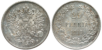 Россия для Финляндии 25 пенни 1916 S, Николай II (1894-1917) KM 6.2, Биткин 421 серебро 75-1253