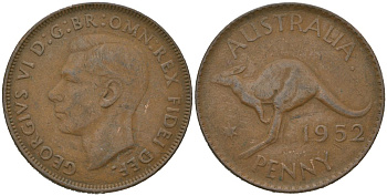 Австралия 1 пенни 1952 Георг V (1910-1936), кенгуру KM 43 бронза 4149-814