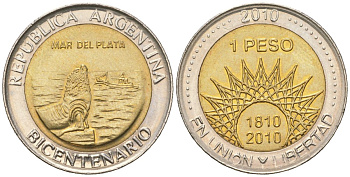 Аргентина 1 песо 2010 200 лет Аргентине - Мар-дель-Плата KM 158 биметалл UNC 4620-652