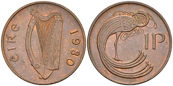 Ирландия 1 пенни 1980 мифологическая птица лира KM 20 бронза 4582-135