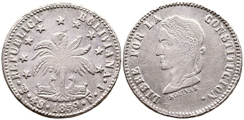 Боливия 4 соля 1859 FJ KM 123.3 серебро 00-00