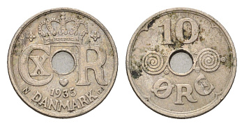 Дания 10 эре 1935 N, Кристиан X (1912-1947) KM 822 медно-никель 4701-934