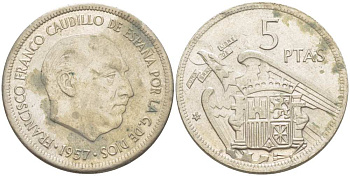 Испания 5 песет 1957 (67) Франсиско Франко (1939-1975) KM 786 медно-никель 210-1117