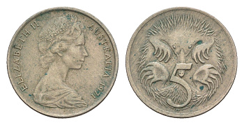 Австралия 5 центов 1971 Елизавета II (1952-2022) молодой портрет, ехидна KM 64 медно-никель 4655-1259