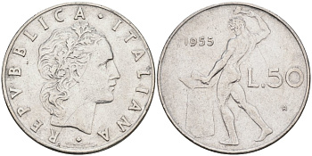 Италия 50 лир 1955 R, Бог огня Вулкан у наковальни KM 95.1 нержавеющая сталь 4573-811