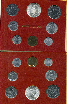 Ватикан набор из 8 монет 1975 1, 2, 5, 10, 20, 50, 100, 500 лир, в оригинальном буклете KM MS80 серебро UNC 8-1-01-26