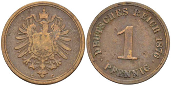 ГЕРМАНИЯ 1 ПФЕННИГ 1876 C, СТАРОГЕРБОВКА KM 1, J. 1, Weege 1 медь 206-1041