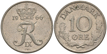 Дания 10 эре 1966 С; S, Фредерик IX (1947-1972) KM 849.1 медно-никель 4564-1224
