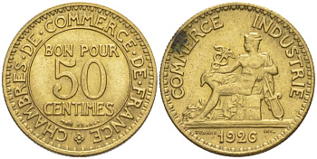ФРАНЦИЯ 50 САНТИМОВ 1926 ТИП CHAMBRERES DE COMMERCE KM 884, LE FRANC 191.9 алюминиевая бронза 44-348