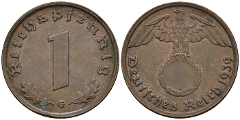 Германия 1 рейхспфенниг 1939 G KM 89, J. 361 бронза 4147-1224