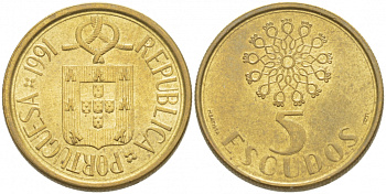 Португалия 5 эскудо 1991 KM 632 никель латунь 77-414