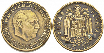 Испания 1 песета 1953 (56) Франциско Франко (1939-1975) KM 775 алюминиевая бронза 87-1436