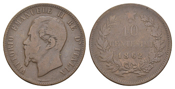 Италия 10 чентезимо 1862 М, Виктор Эммануил II (1861-1878) KM 11 медь 4185-225