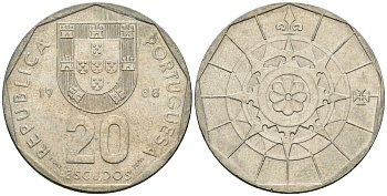 Португалия 20 эскудо 1988 KM 634 медно-никель 4148-527