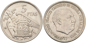 Испания 5 песет 1957(69) Франциско Франко (1939-1975) KM 786 медно-никель aUNC 4583-1133