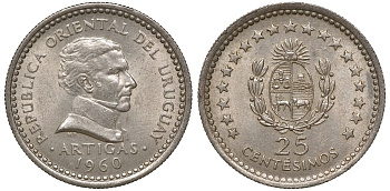Уругвай 25 сентесимо 1960 KM 40 медно-никель 4169-1017