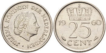 Нидерланды 25 центов 1960 Юлиана (1949-1980) KM 183 никель    4174-647