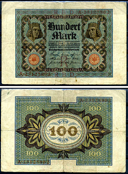 Германия 100 марок 1920 Бамбергский всадник, 8 цифр в номере, серия A, буква R Pick 69 b, Розенберг 69b бумага 8617-42-2-1