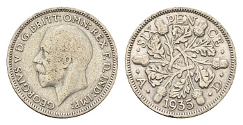 Великобритания 6 пенсов 1935 Георг V (1910-1936) KM 832, Spink 4041 серебро 100-862