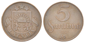 Латвия 5 сантимов 1922 KM 3 бронза 4625-542